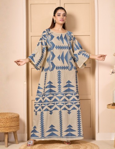 Casual Beige Jalabiya with Blue Geometric Embroidery & Wide Sleeves