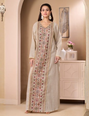 Elegant Striped Beige Jalabiya with Royal Vertical Embroidery