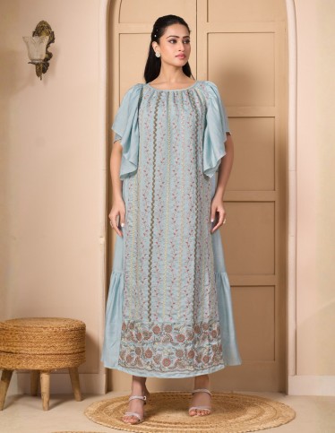 Soft Sky Blue Jalabiya with Ruffled Short Sleeves & Floral Embroidery