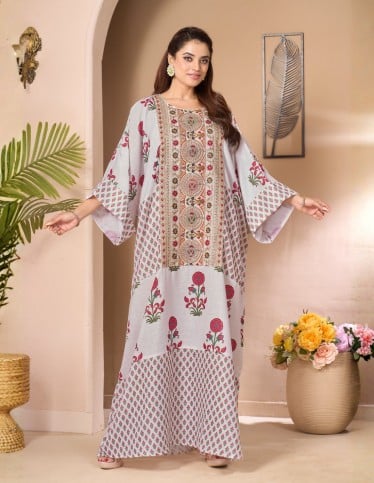Bohemian Kaftan Jalabiya with Floral Prints & Intricate Geometric Embroidery