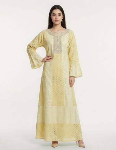 Pastel Yellow Jalabiya with Royal Embroidery