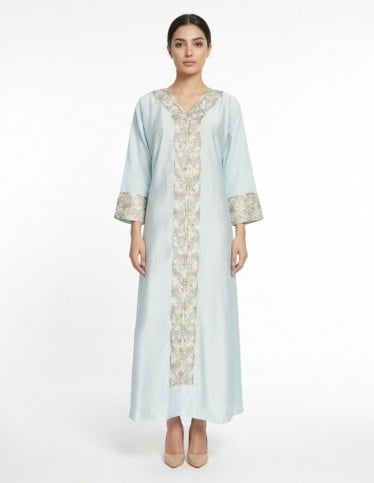 "Sadeem" Sky Blue Jalabiya with Classic Geometric Embroidery