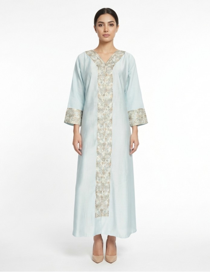 "Sadeem" Sky Blue Jalabiya with Classic Geometric Embroidery