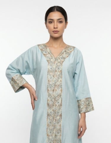 "Sadeem" Sky Blue Jalabiya with Classic Geometric Embroidery