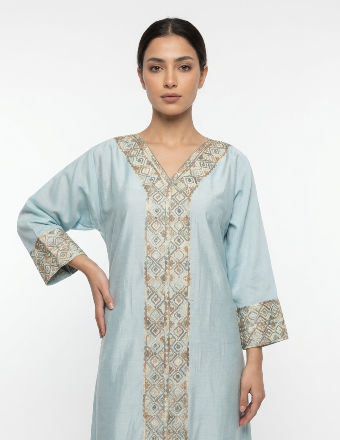 "Sadeem" Sky Blue Jalabiya with Classic Geometric Embroidery