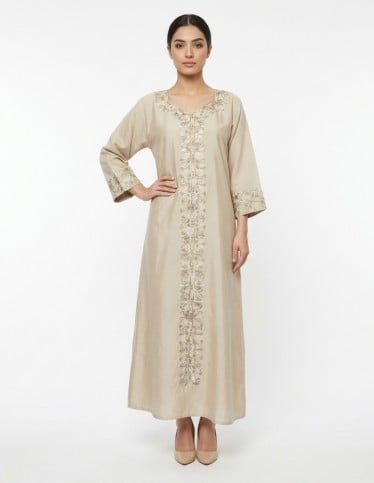"Asala" Nude-Tone Jalabiya with Royal Floral Embroidery