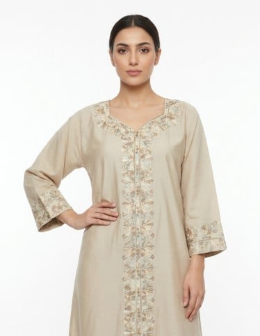 "Asala" Nude-Tone Jalabiya with Royal Floral Embroidery