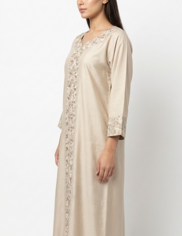 "Asala" Nude-Tone Jalabiya with Royal Floral Embroidery