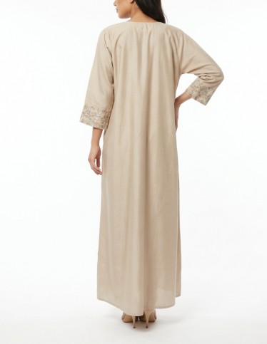"Asala" Nude-Tone Jalabiya with Royal Floral Embroidery