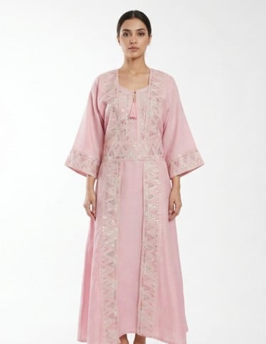 "Nuray" Pink Two-Piece Jalabiya Set – Detachable Embroidered Layers