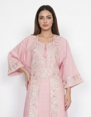 "Nuray" Pink Two-Piece Jalabiya Set – Detachable Embroidered Layers