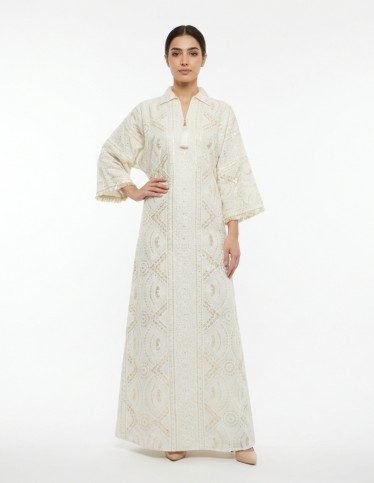 "Eastern Pearl" White Jalabiya with Geometric Embroidery & Tassel Detail