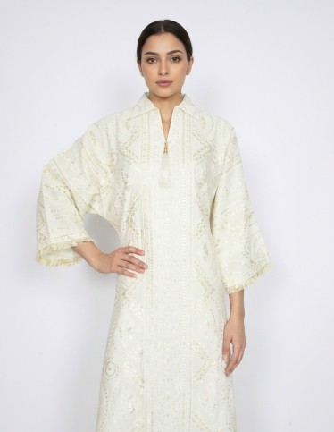 "Eastern Pearl" White Jalabiya with Geometric Embroidery & Tassel Detail
