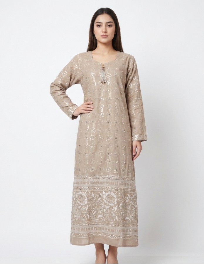 "Rimal" Earthy Brown Jalabiya with Floral Embroidery & Border Detail