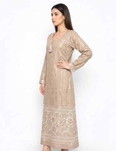 "Rimal" Earthy Brown Jalabiya with Floral Embroidery & Border Detail