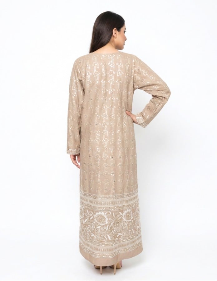 "Rimal" Earthy Brown Jalabiya with Floral Embroidery & Border Detail