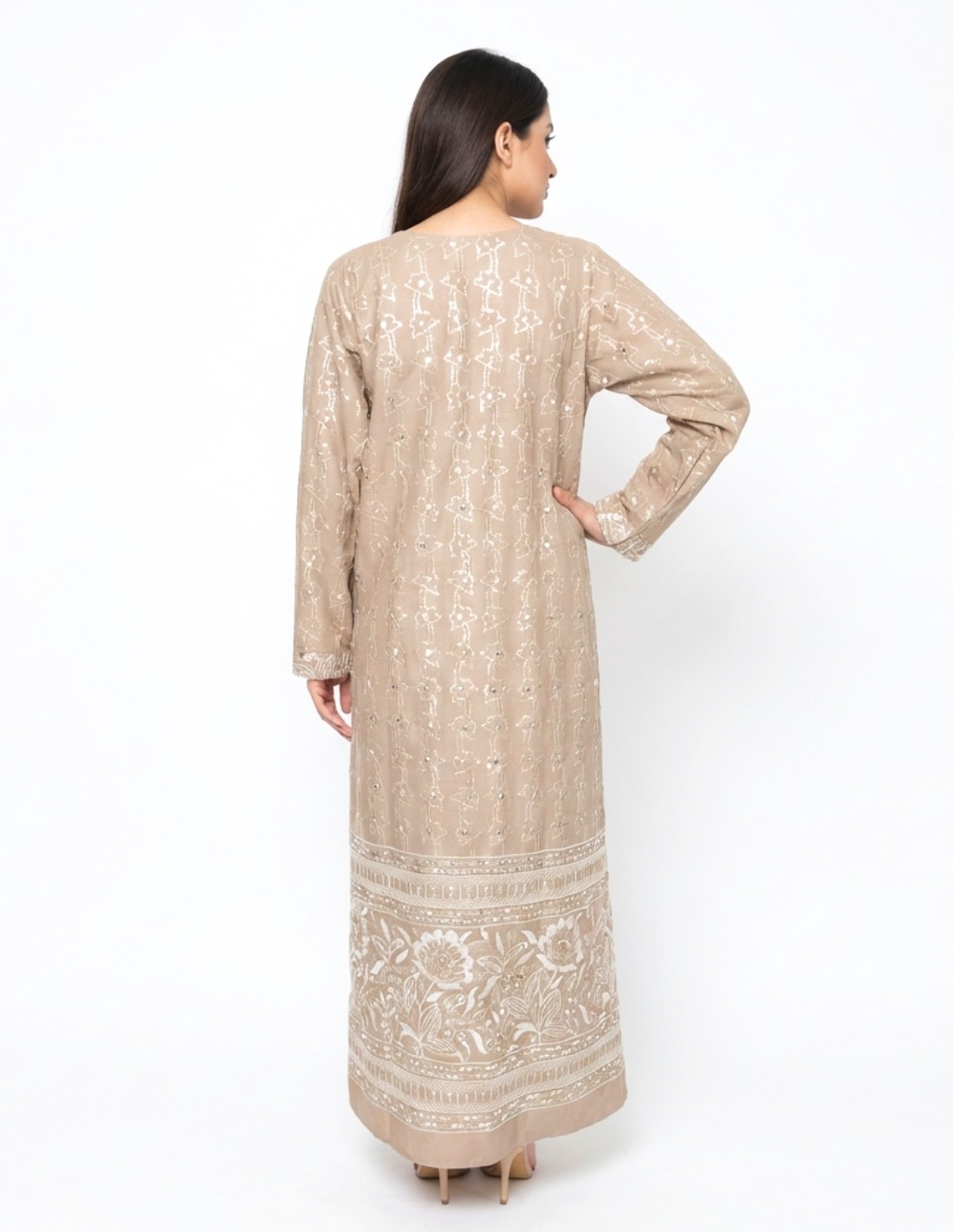 "Rimal" Earthy Brown Jalabiya with Floral Embroidery & Border Detail