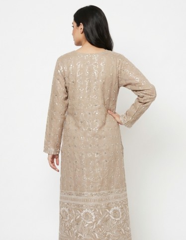 "Rimal" Earthy Brown Jalabiya with Floral Embroidery & Border Detail