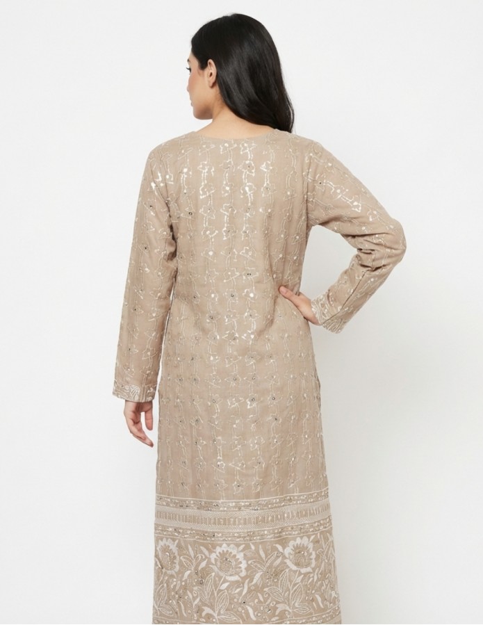 "Rimal" Earthy Brown Jalabiya with Floral Embroidery & Border Detail