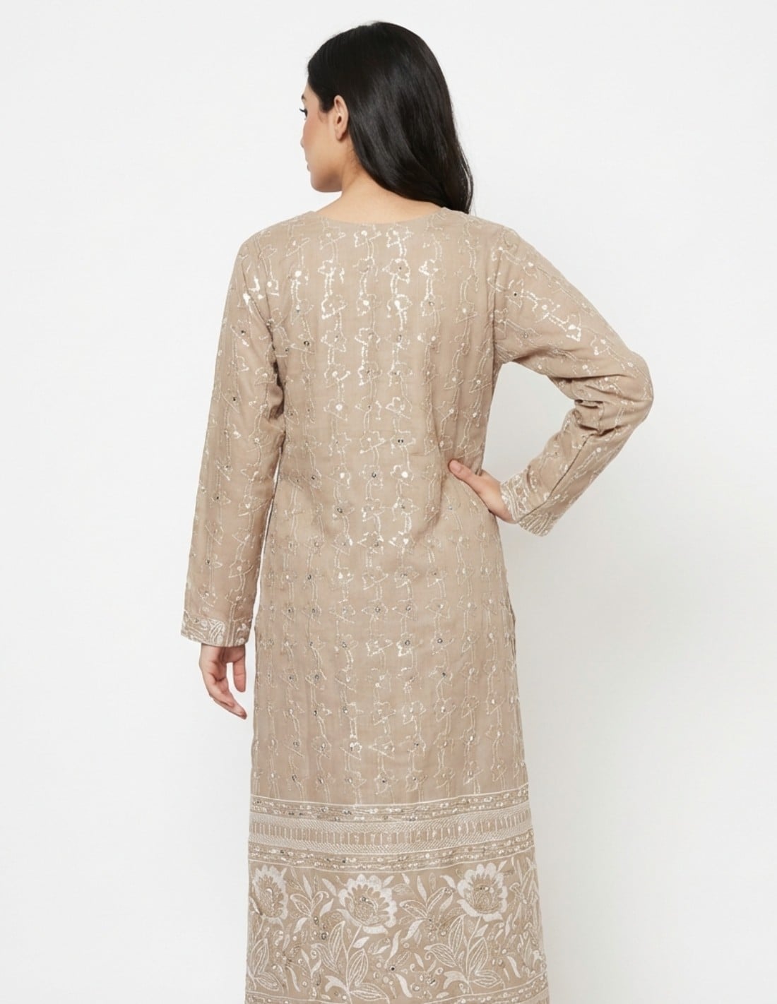 "Rimal" Earthy Brown Jalabiya with Floral Embroidery & Border Detail