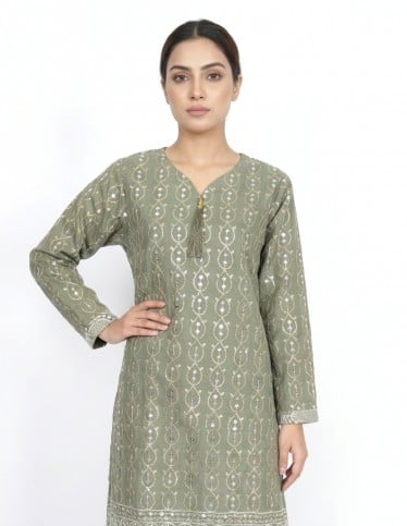 "Waha" Olive Green Jalabiya with Paisley Embroidery & Sequins