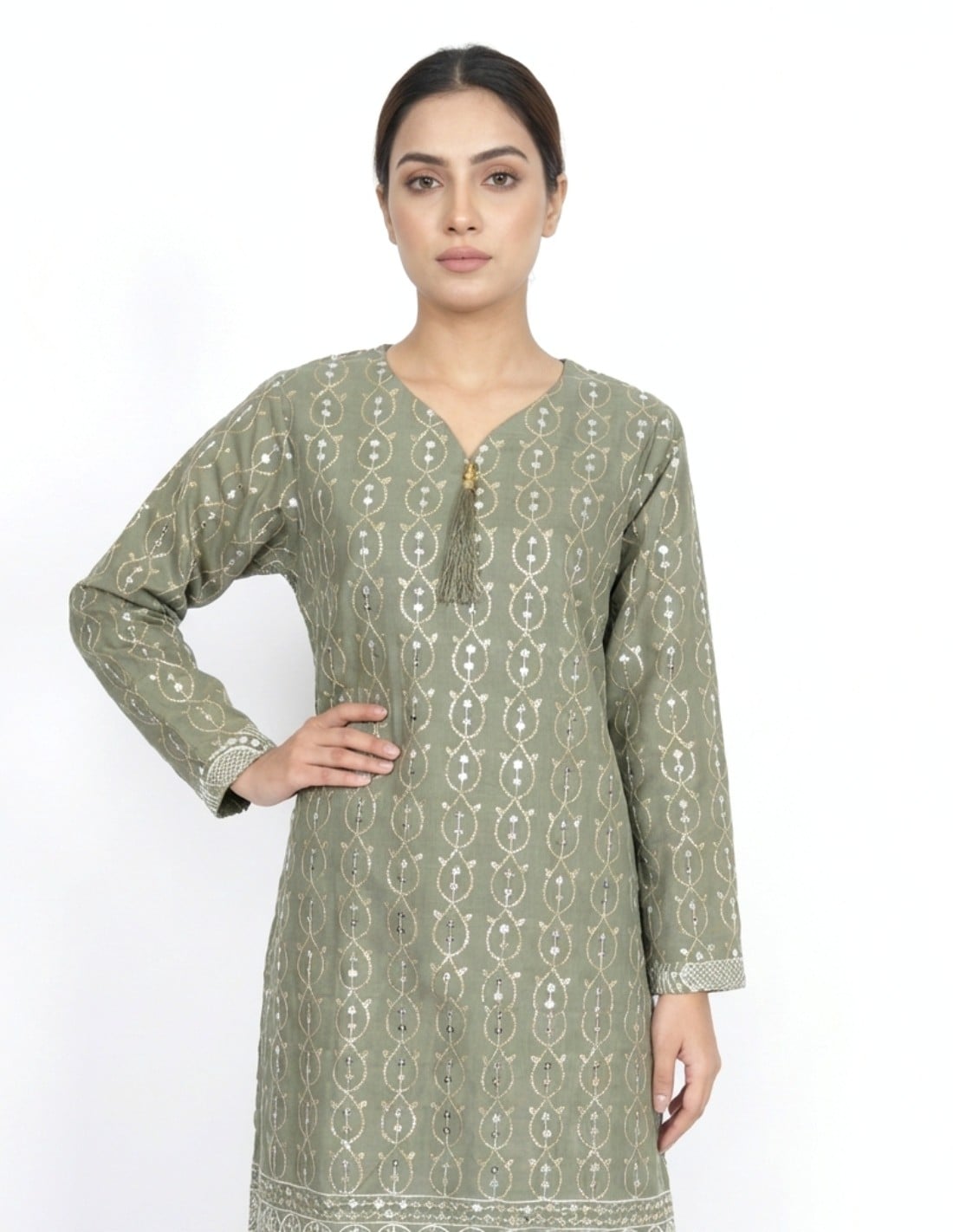 "Waha" Olive Green Jalabiya with Paisley Embroidery & Sequins