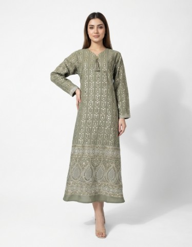 "Waha" Olive Green Jalabiya with Paisley Embroidery & Sequins