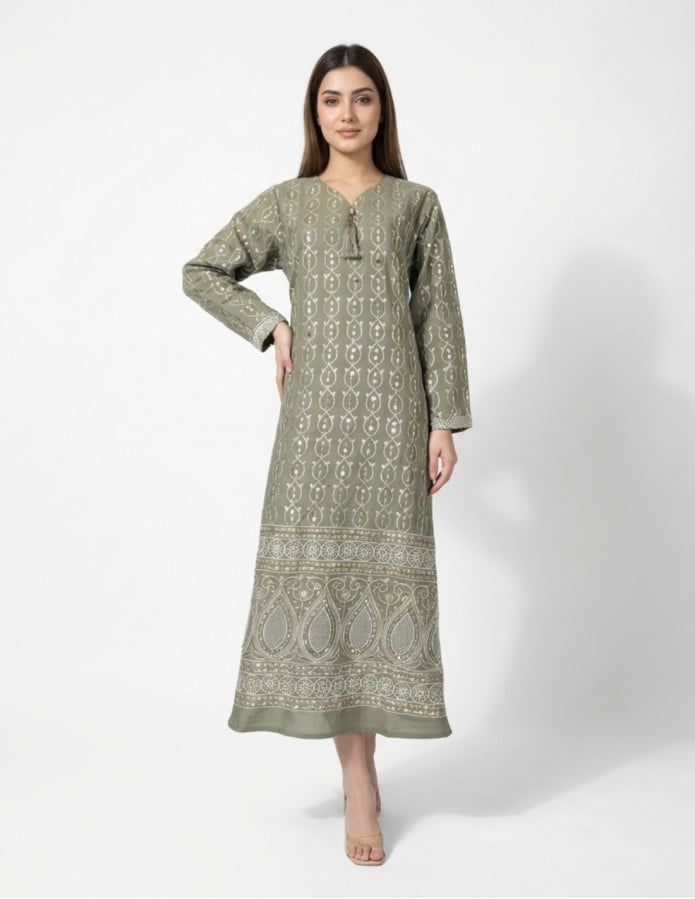 "Waha" Olive Green Jalabiya with Paisley Embroidery & Sequins
