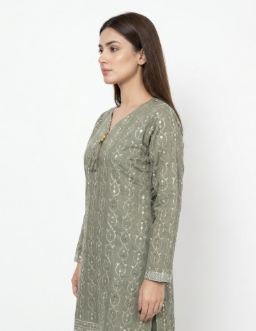 "Waha" Olive Green Jalabiya with Paisley Embroidery & Sequins