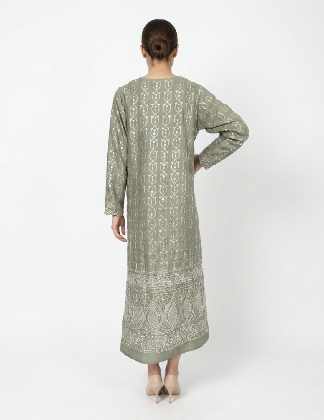 "Waha" Olive Green Jalabiya with Paisley Embroidery & Sequins