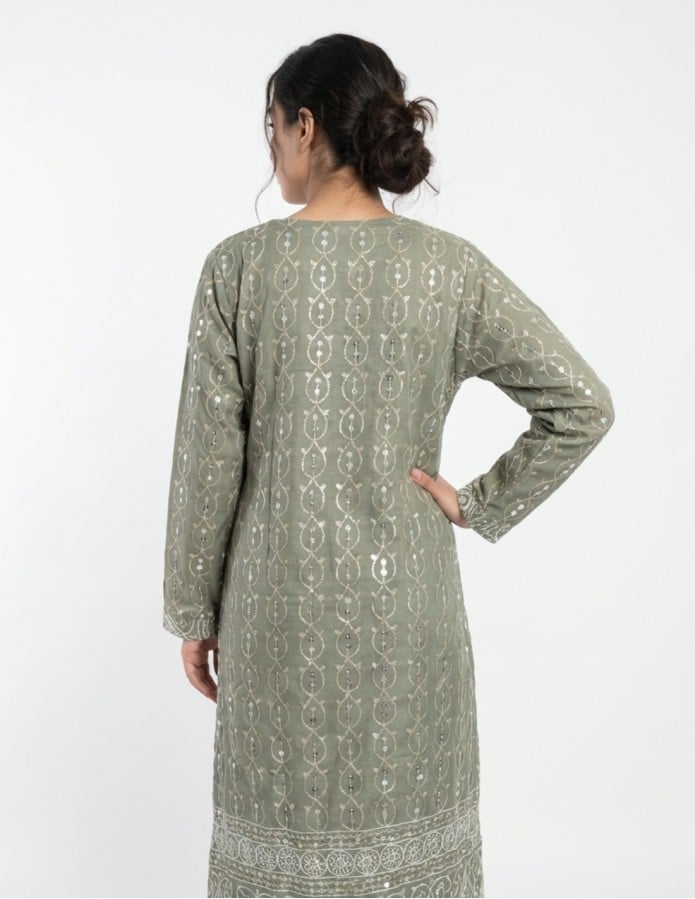 "Waha" Olive Green Jalabiya with Paisley Embroidery & Sequins