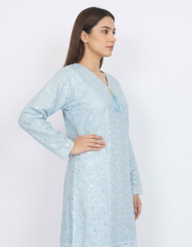 Elegant Sky Blue Jalabiya with Silver Shimmer Embroidery - Occasion Collection