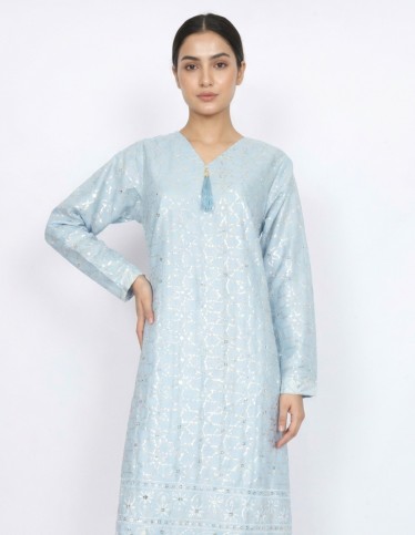Elegant Sky Blue Jalabiya with Silver Shimmer Embroidery - Occasion Collection