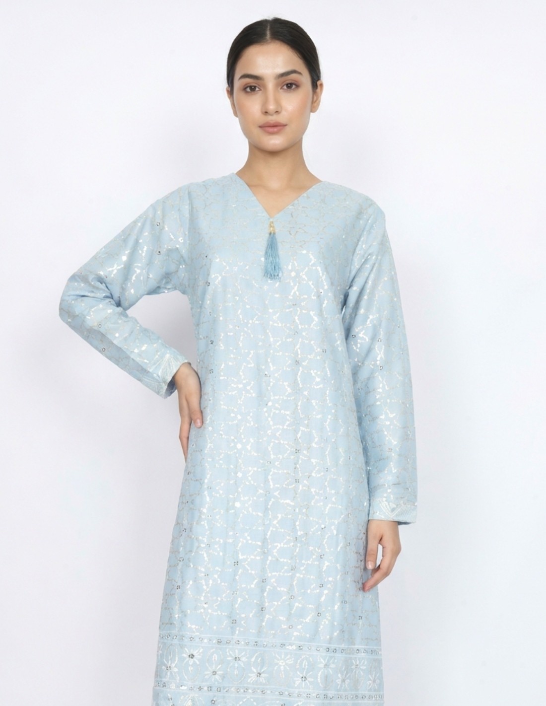 Elegant Sky Blue Jalabiya with Silver Shimmer Embroidery - Occasion Collection