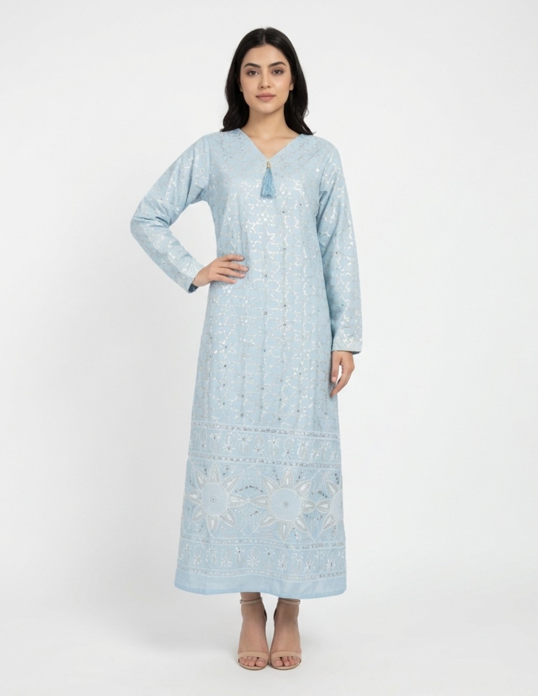 Elegant Sky Blue Jalabiya with Silver Shimmer Embroidery - Occasion Collection