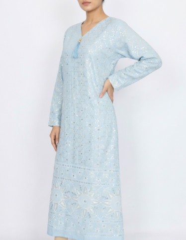 Elegant Sky Blue Jalabiya with Silver Shimmer Embroidery - Occasion Collection