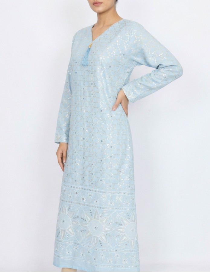 Elegant Sky Blue Jalabiya with Silver Shimmer Embroidery - Occasion Collection