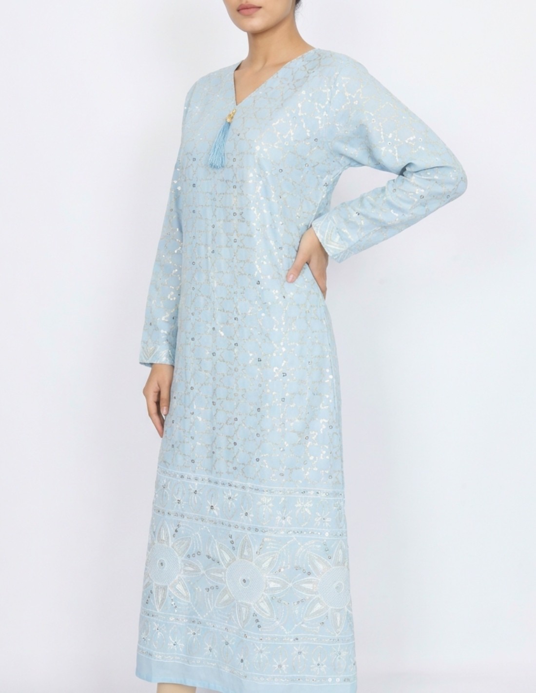 Elegant Sky Blue Jalabiya with Silver Shimmer Embroidery - Occasion Collection