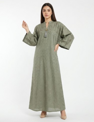 Modern Olive Green Casual Jalabiya with Geometric Embroidery