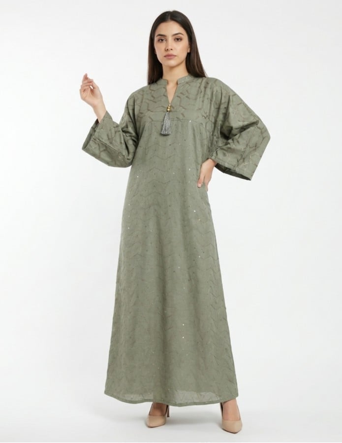 Modern Olive Green Casual Jalabiya with Geometric Embroidery