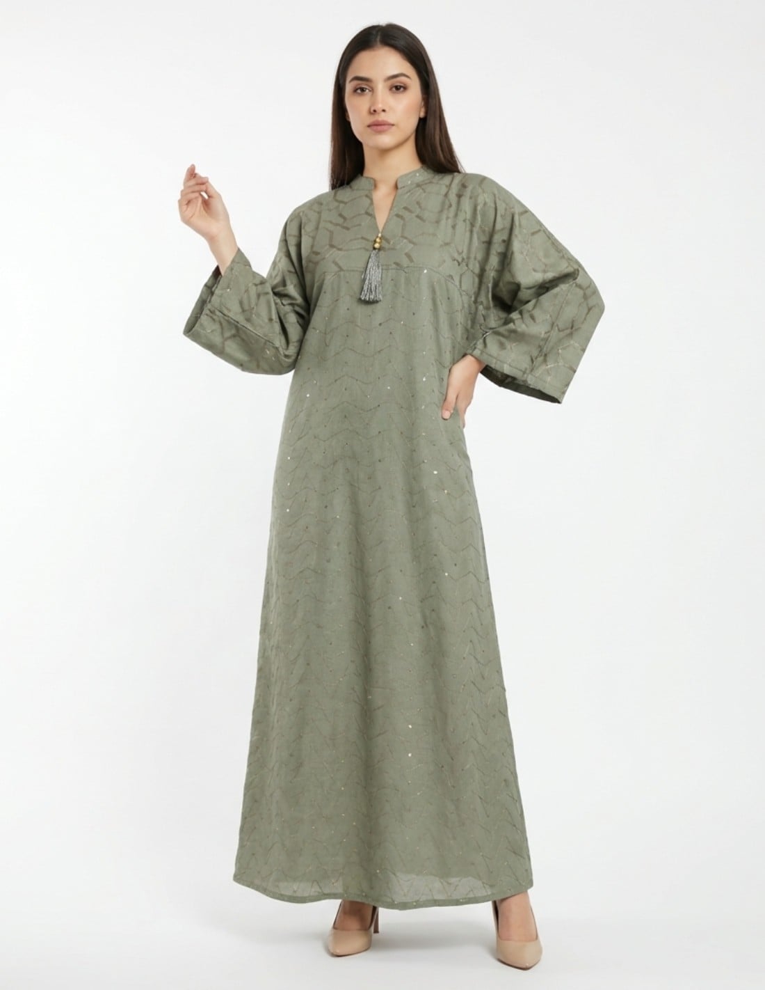 Modern Olive Green Casual Jalabiya with Geometric Embroidery