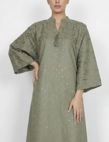 Modern Olive Green Casual Jalabiya with Geometric Embroidery