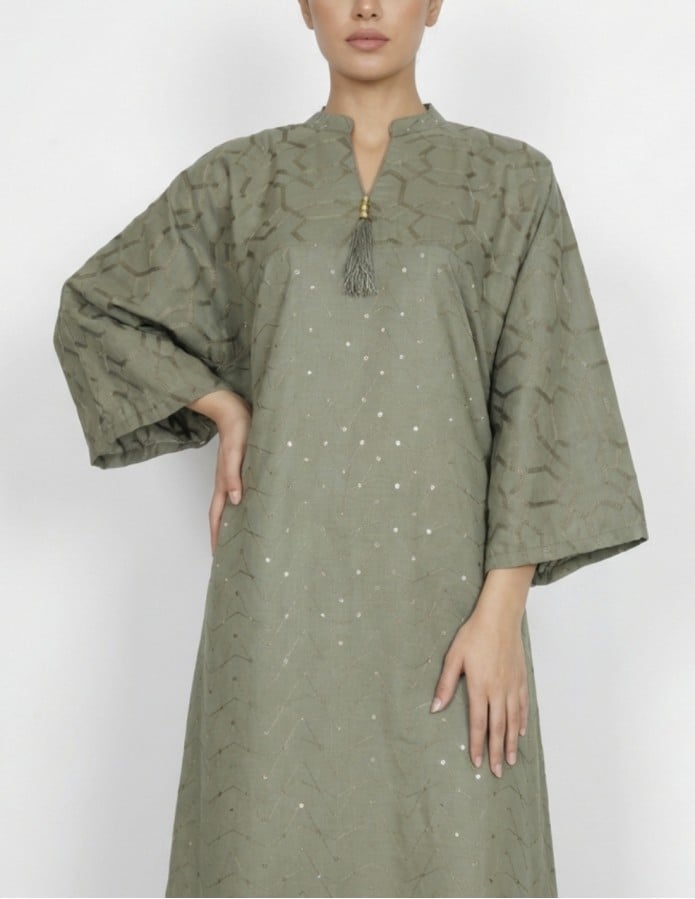Modern Olive Green Casual Jalabiya with Geometric Embroidery