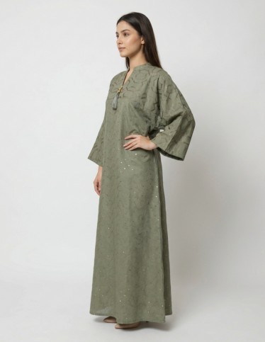 Modern Olive Green Casual Jalabiya with Geometric Embroidery