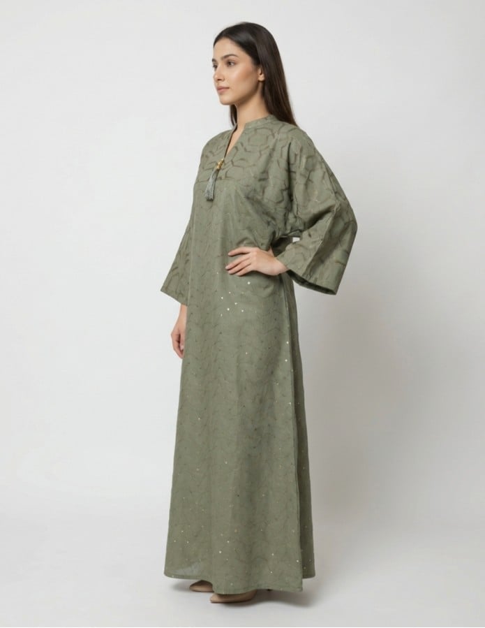 Modern Olive Green Casual Jalabiya with Geometric Embroidery