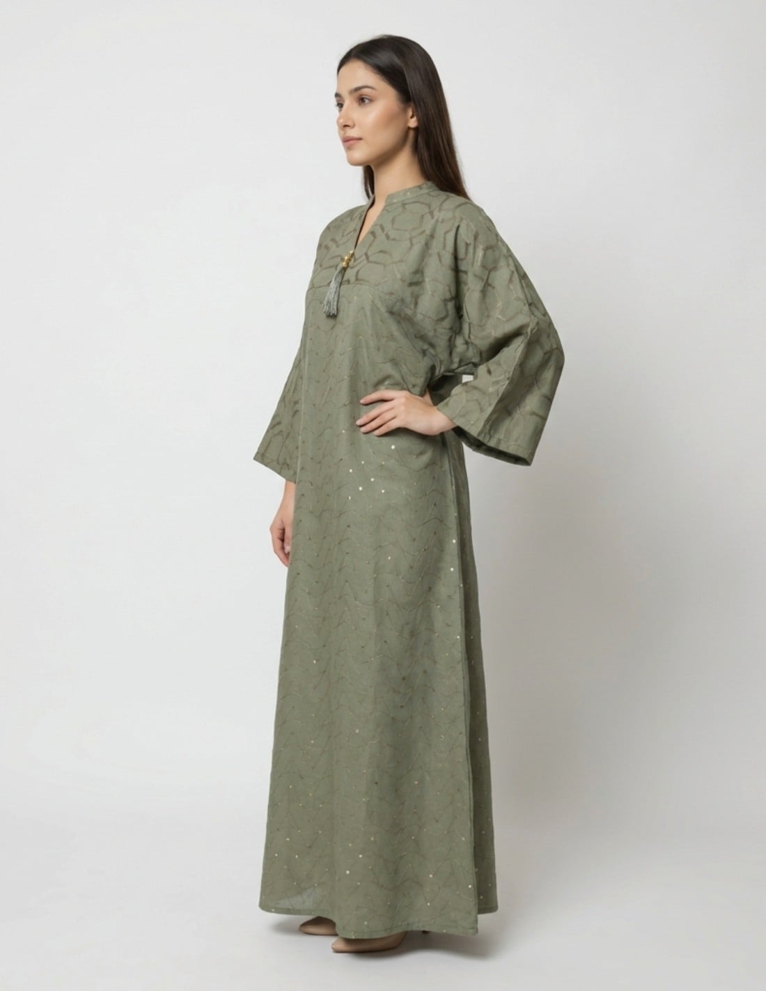 Modern Olive Green Casual Jalabiya with Geometric Embroidery