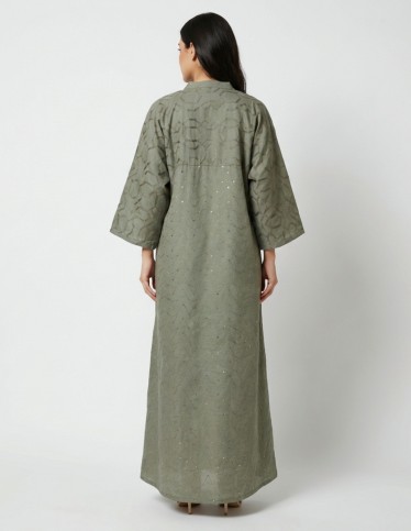 Modern Olive Green Casual Jalabiya with Geometric Embroidery