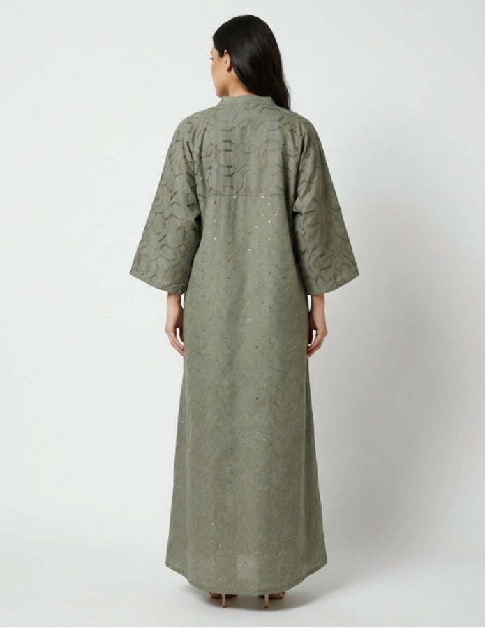 Modern Olive Green Casual Jalabiya with Geometric Embroidery