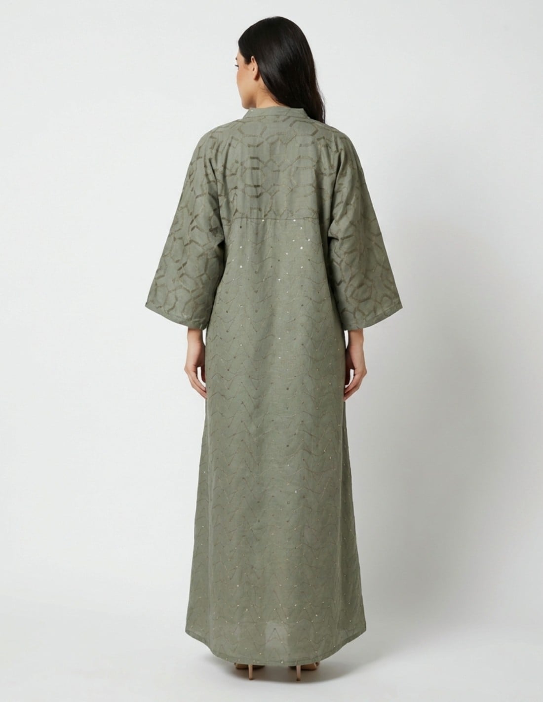 Modern Olive Green Casual Jalabiya with Geometric Embroidery