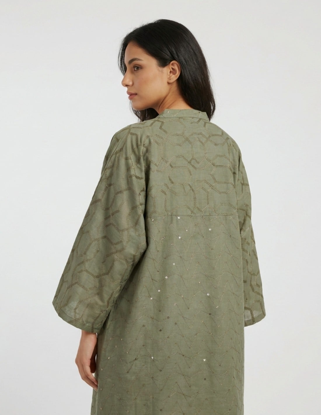 Modern Olive Green Casual Jalabiya with Geometric Embroidery